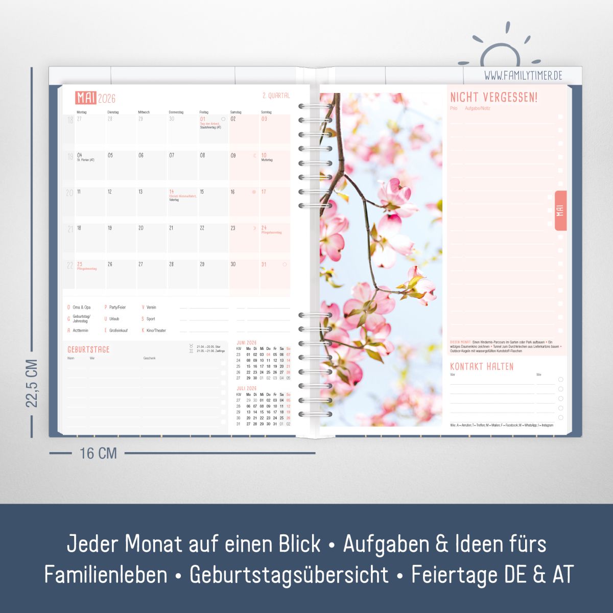 Family-Timer 2026 / A5+ / Fine Flowers Blue / Häfft-Verlag