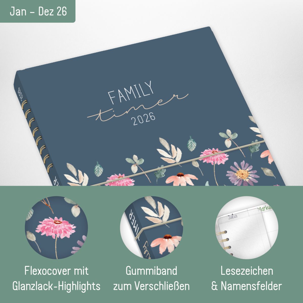 Family-Timer 2026 / A5+ / Flying Flowers / Häfft-Verlag