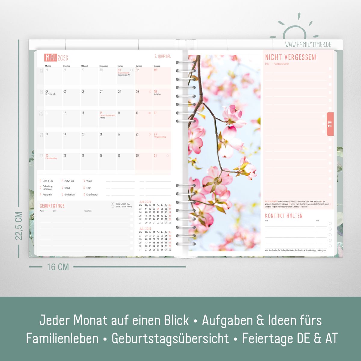 Family-Timer 2026 / A5+ / Minty Leaves / Häfft-Verlag