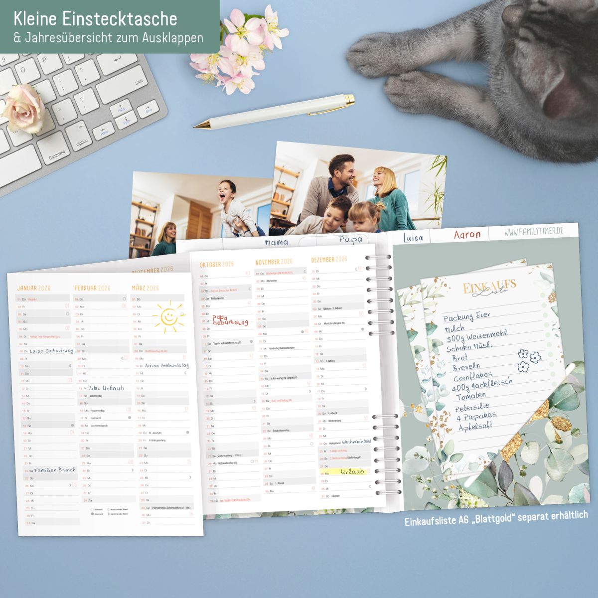 Family-Timer 2026 / A5+ / Minty Leaves / Häfft-Verlag