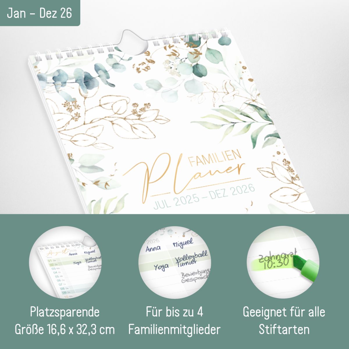 Familienplaner 2026 Kompakt 4-spaltig / Blattgold / Häfft-Verlag