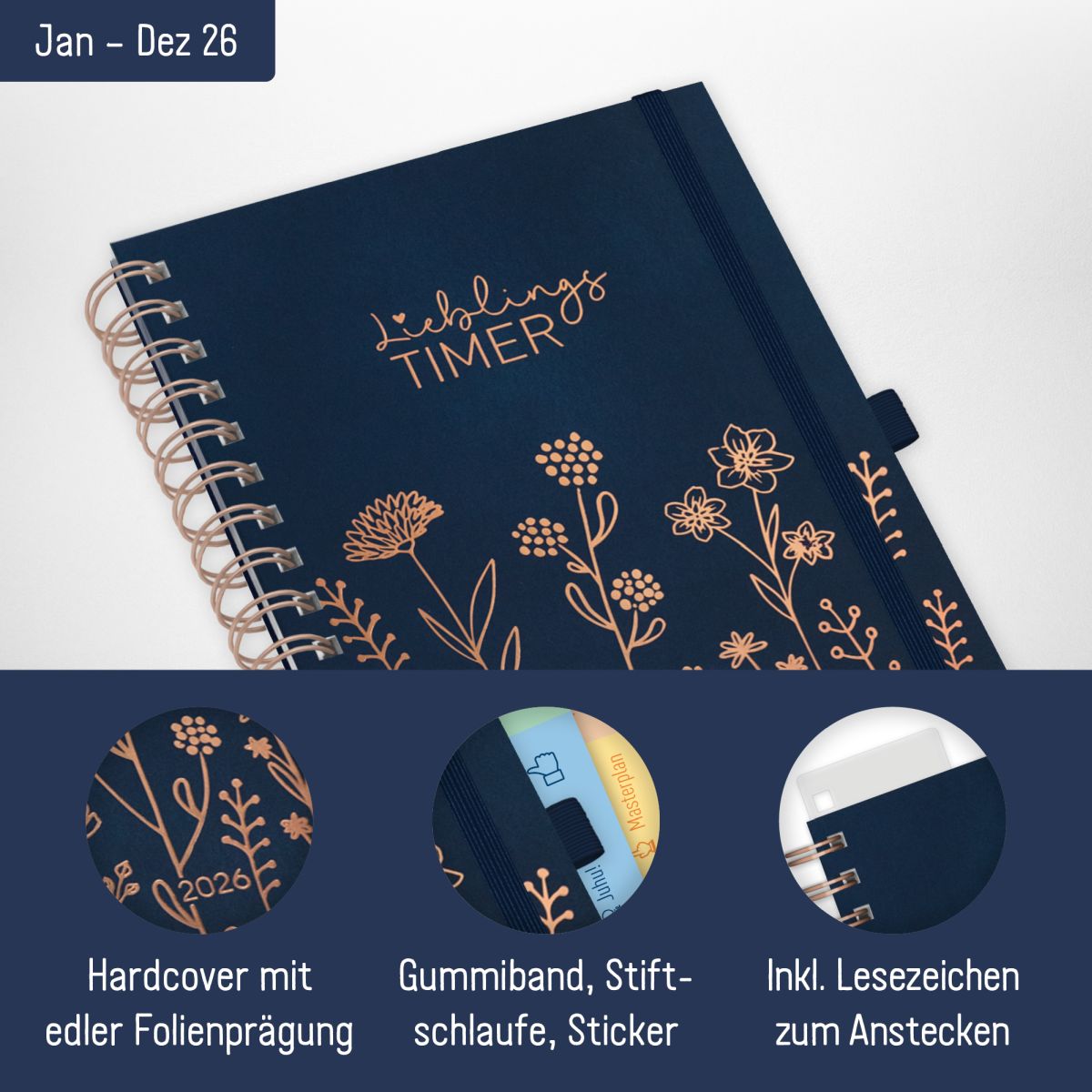 Lieblings-Timer Deluxe 2026 / A5 / Fine Flowers night blue / Häfft-Verlag