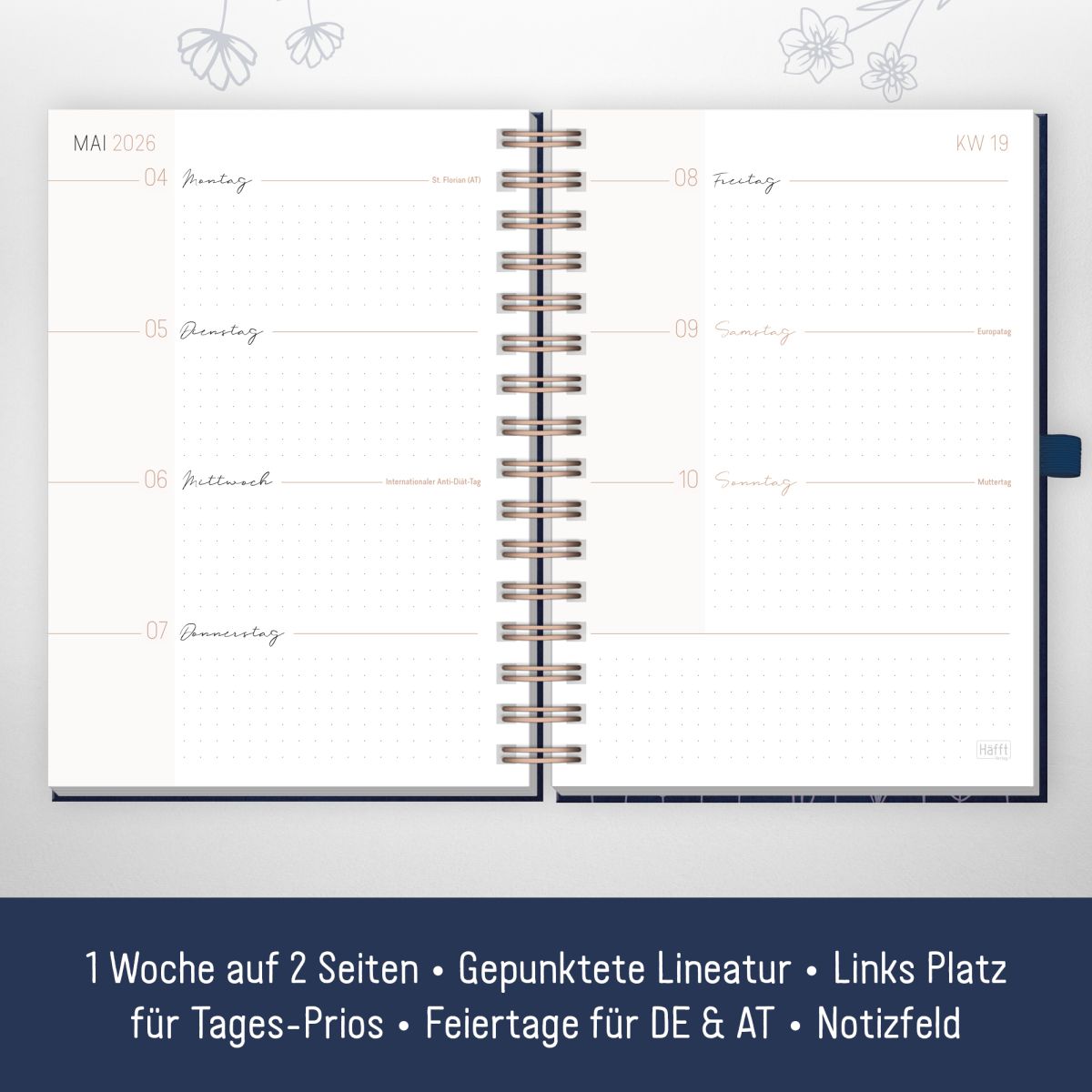Lieblings-Timer Deluxe 2026 / A5 / Fine Flowers night blue / Häfft-Verlag