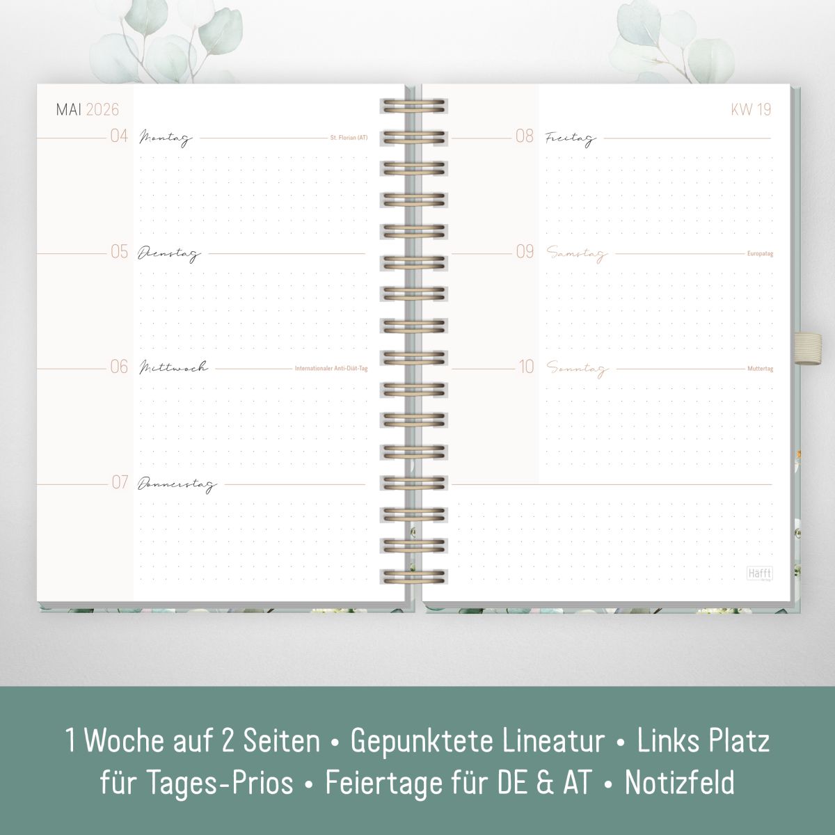 Lieblings-Timer Deluxe 2026 / A5 / Minty Leaves / Häfft-Verlag