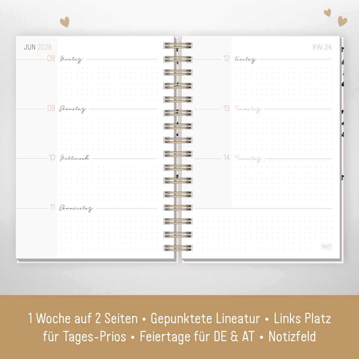 Lieblings-Timer 2026 / A5 / Golden Hearts / Häfft-Verlag