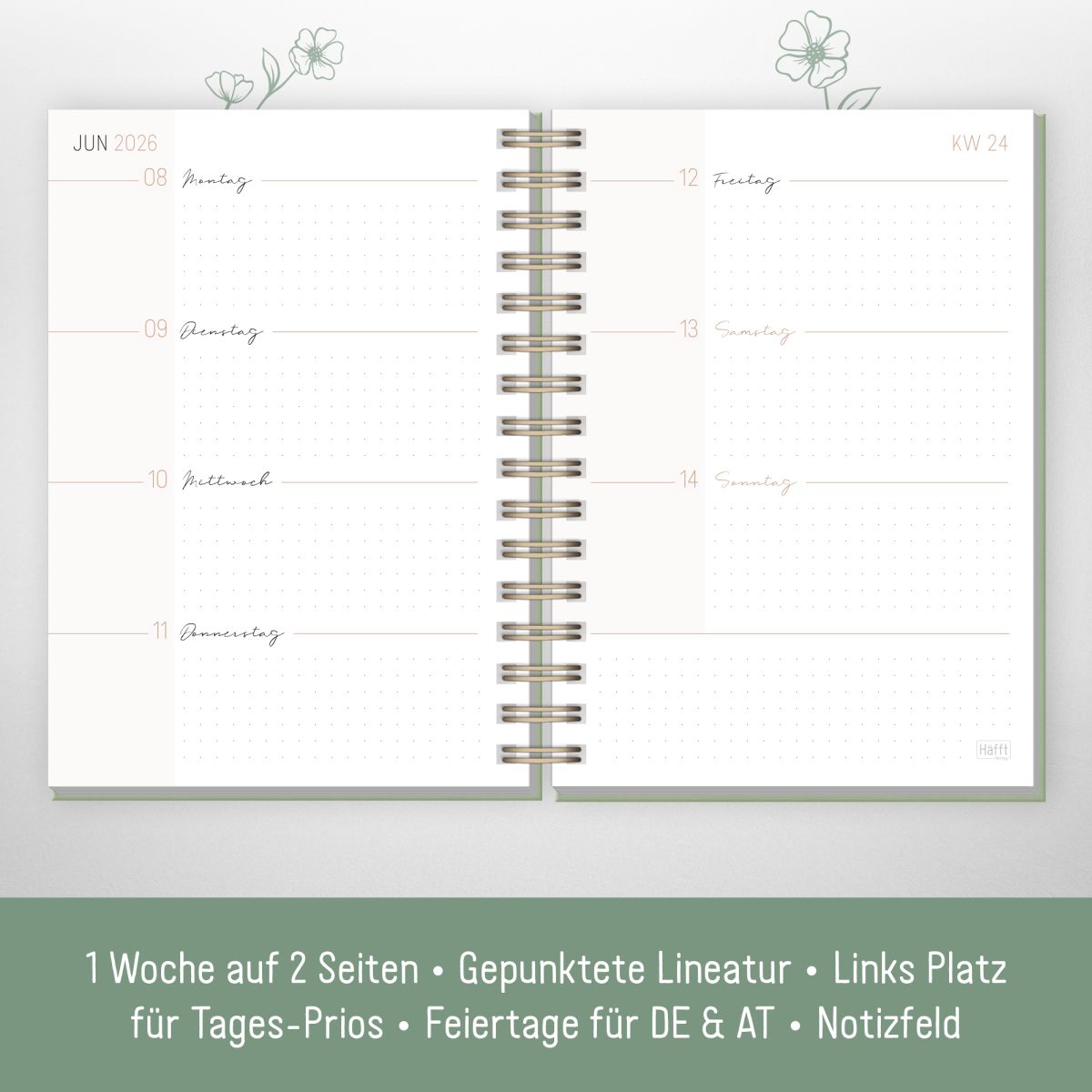 Lieblings-Timer 2026 / A5 / Green Flower / Häfft-Verlag