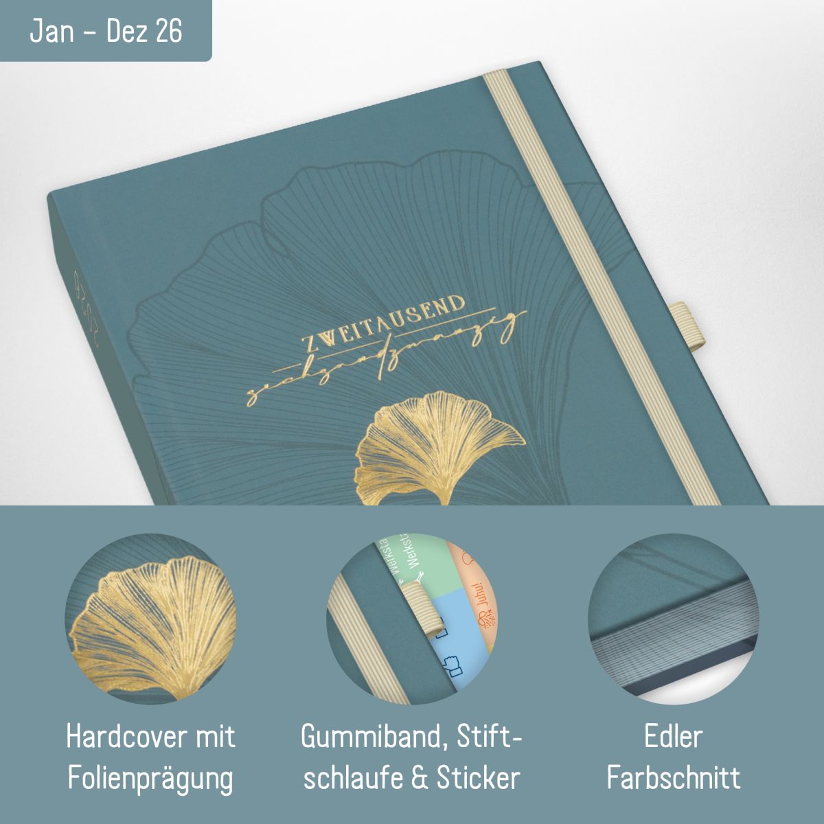 Organizer Day by Day Deluxe 2026 - 1 Tag/Seite / A5 / Blue Ginkgo / Häfft-Verlag