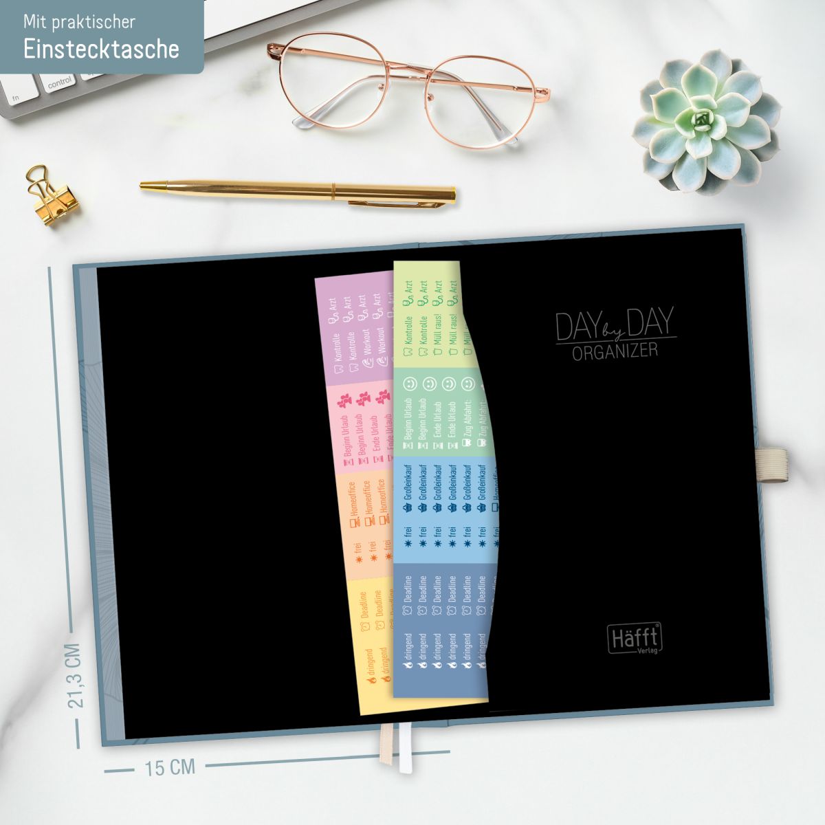 Organizer Day by Day Deluxe 2026 - 1 Tag/Seite / A5 / Blue Ginkgo / Häfft-Verlag