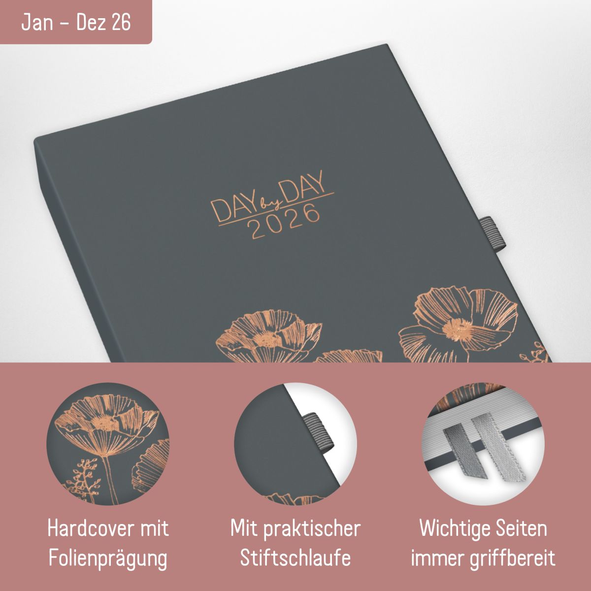 Organizer Day by Day 2026 - 1 Tag/Seite / A5 / Poppy / Häfft-Verlag