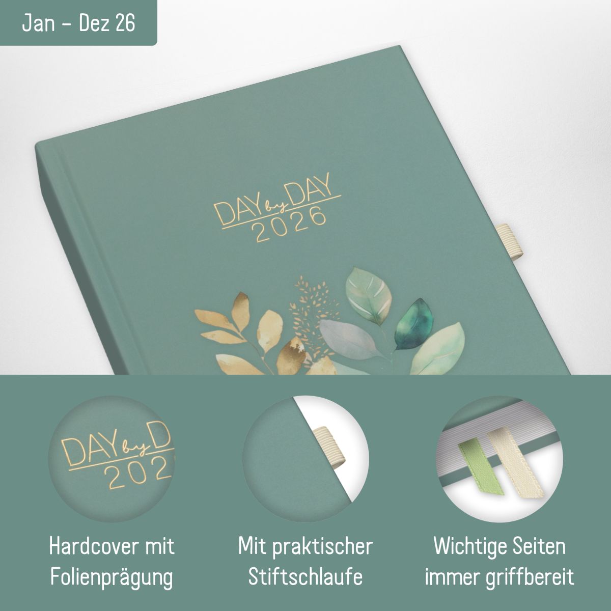 Organizer Day by Day 2026 - 1 Tag/Seite / A5 / Shiny Leaves / Häfft-Verlag