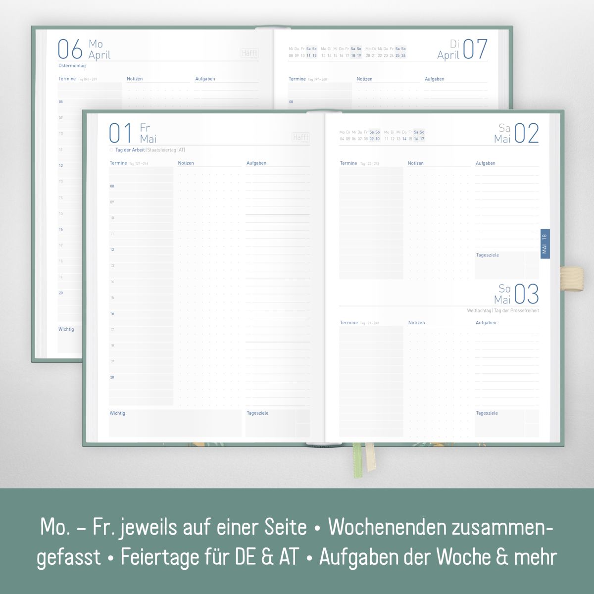 Organizer Day by Day 2026 - 1 Tag/Seite / A5 / Shiny Leaves / Häfft-Verlag