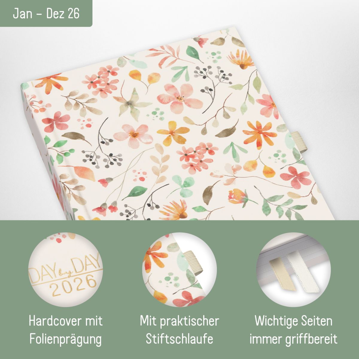 Organizer Day by Day 2026 - 1 Tag/Seite / A5 / Wild Blossoms / Häfft-Verlag