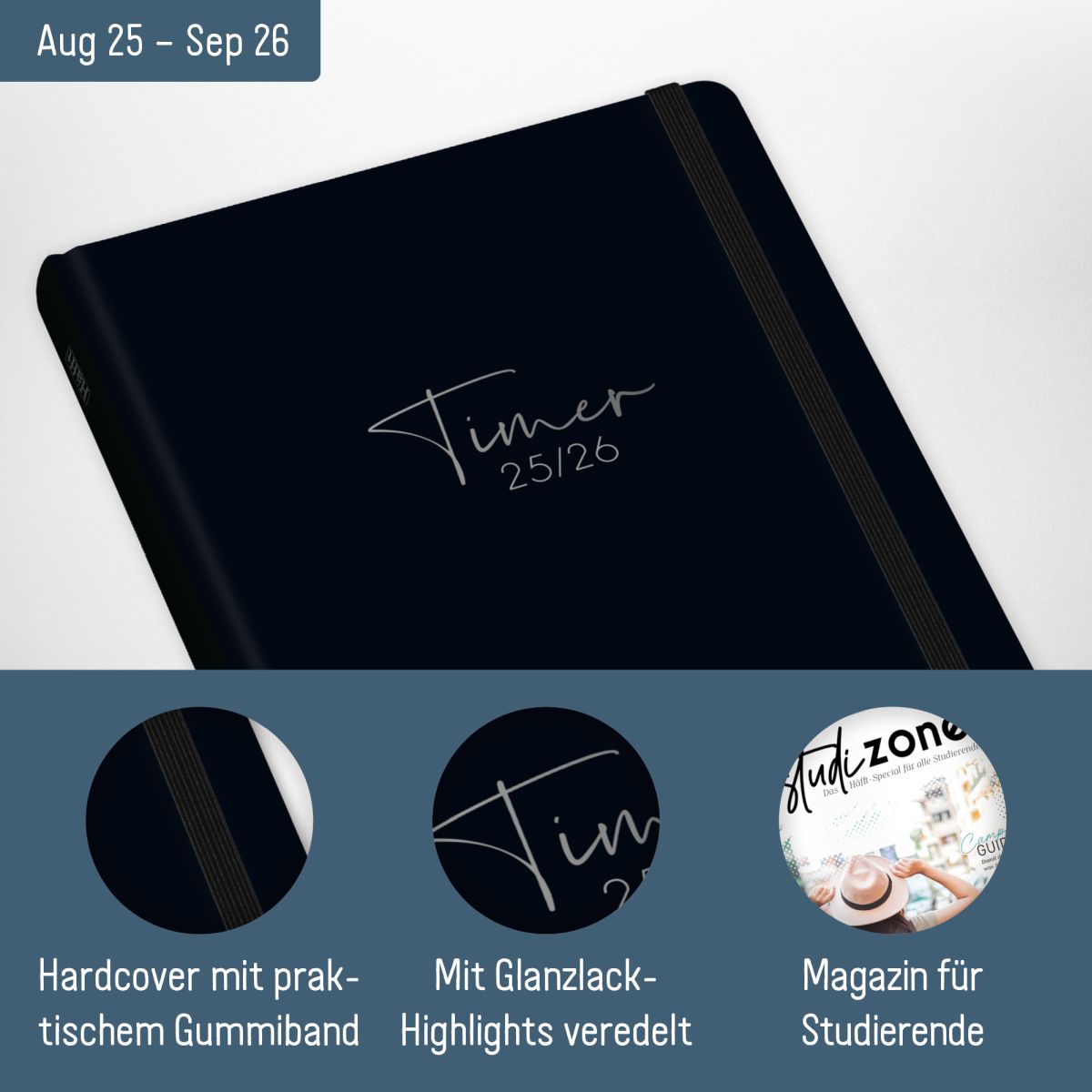Häfft-Timer Campus 2025/2026 / Studentenkalender / A5 / Black Edition