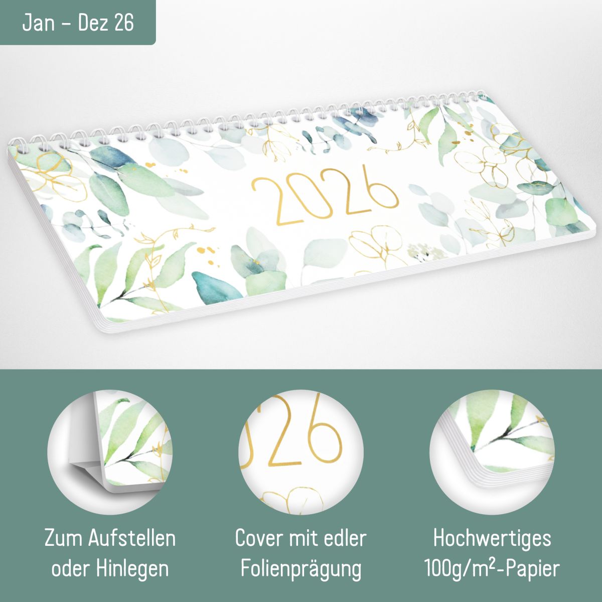 Tischkalender 2026 mit Aufsteller / Blattgold / Häfft-Verlag