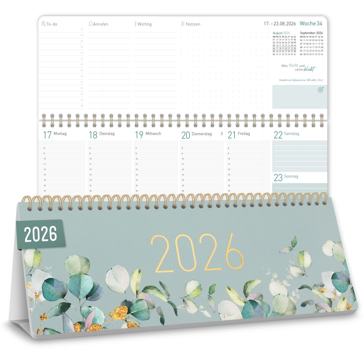 Tischkalender 2026 mit Aufsteller / Minty Leaves / Häfft-Verlag