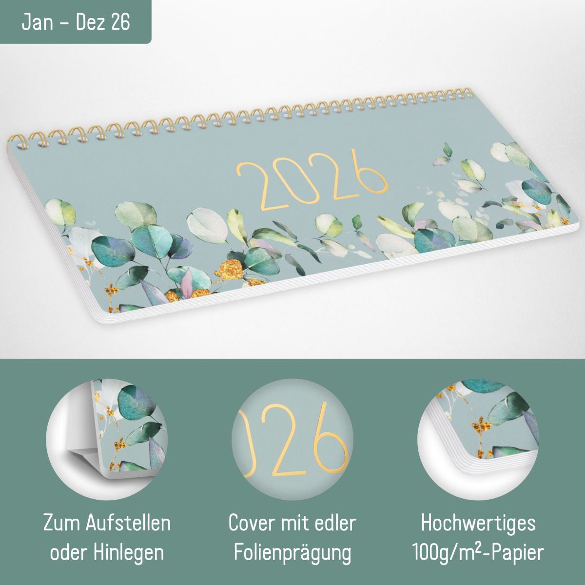 Tischkalender 2026 mit Aufsteller / Minty Leaves / Häfft-Verlag