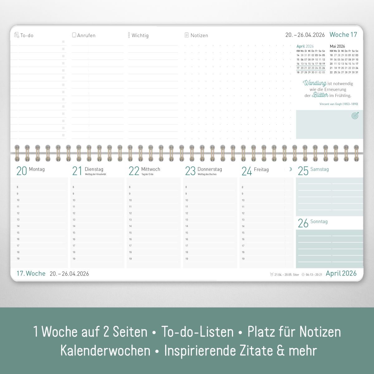 Tischkalender 2026 mit Aufsteller / Minty Leaves / Häfft-Verlag