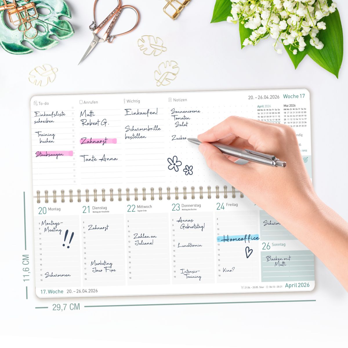 Tischkalender 2026 mit Aufsteller / Minty Leaves / Häfft-Verlag