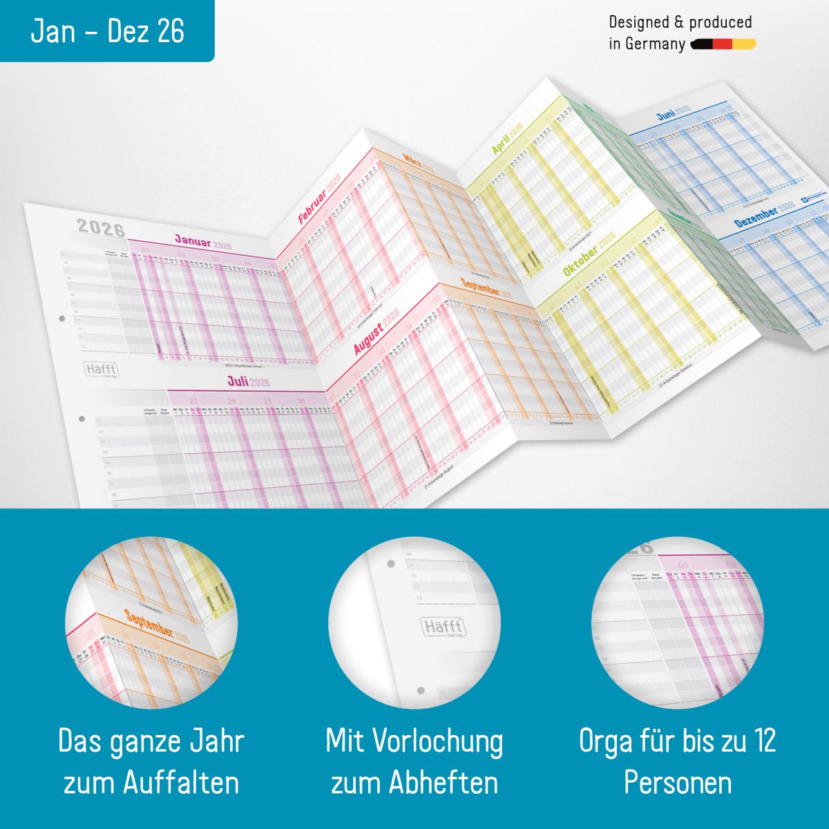Urlaubs-/Team-Kalender 2026 - A4-Leporello - 89 x 29 cm / Rainbow / Häfft-Verlag
