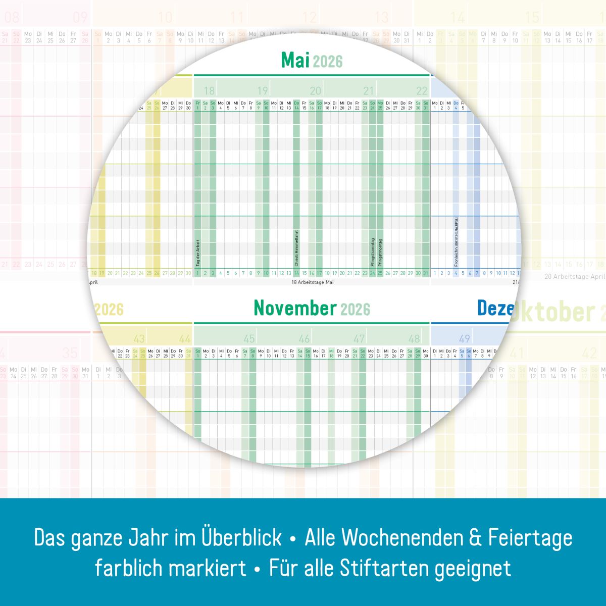 Urlaubs-/Team-Kalender 2026 - A4-Leporello - 89 x 29 cm / Rainbow / Häfft-Verlag