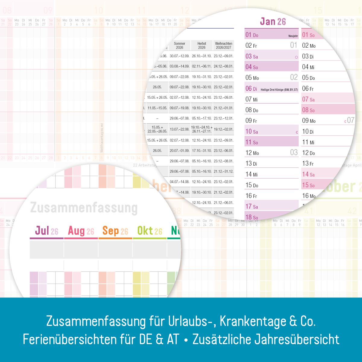 Urlaubs-/Team-Kalender 2026 - A4-Leporello - 89 x 29 cm / Rainbow / Häfft-Verlag