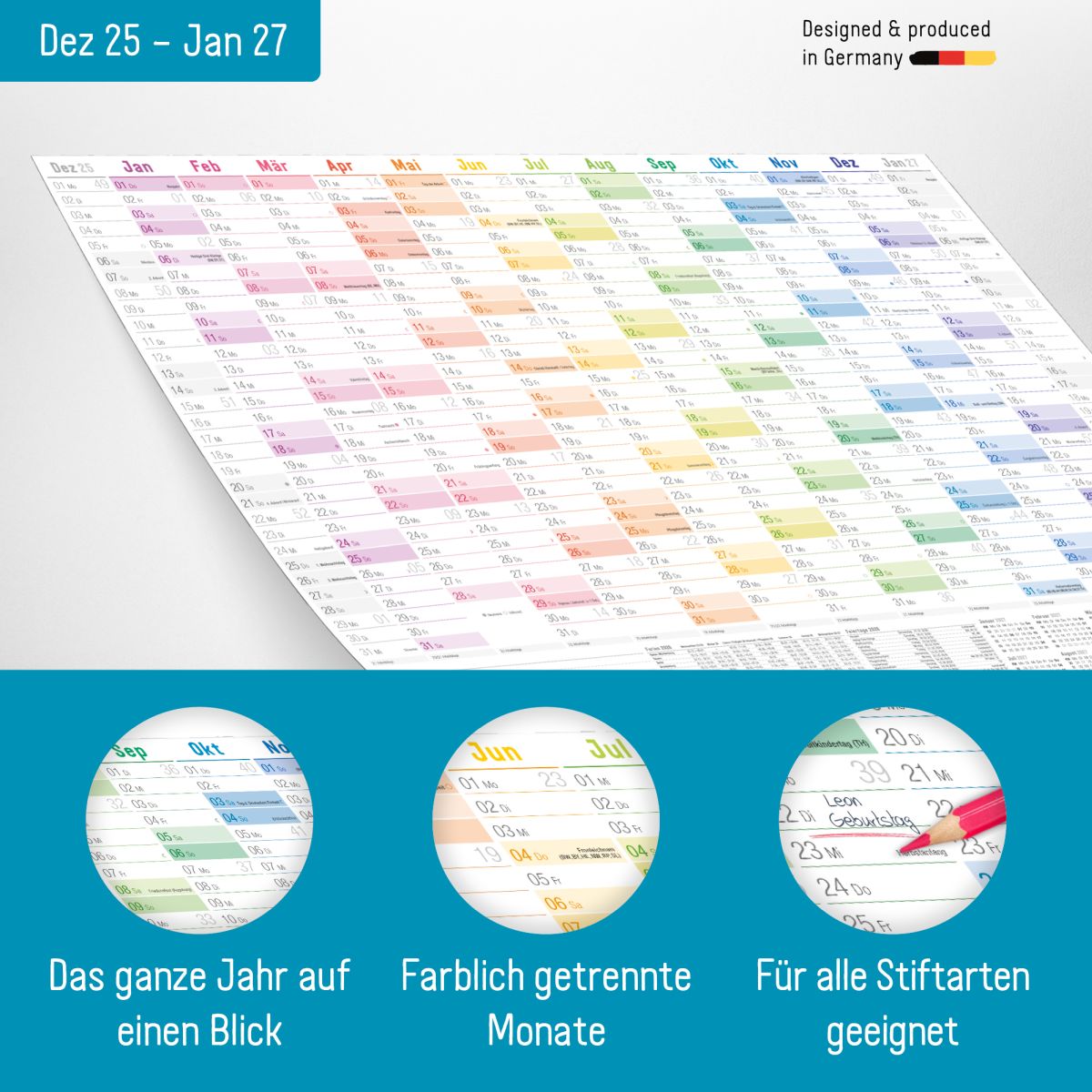 Wandkalender 2026 - A2 / gefalzt + Extra A3 & A4-Übersicht / Rainbow / Häfft-Verlag