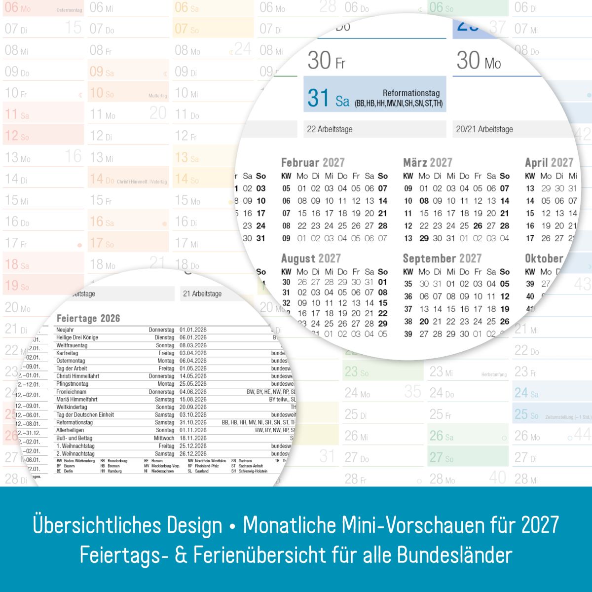 Wandkalender 2026 - A2 / gefalzt + Extra A3 & A4-Übersicht / Rainbow / Häfft-Verlag