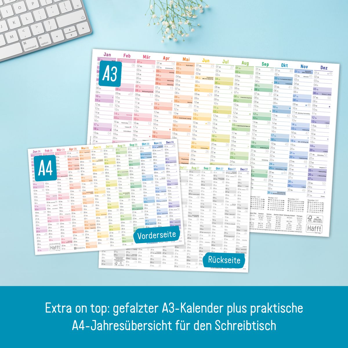 Wandkalender 2026 - A2 / gefalzt + Extra A3 & A4-Übersicht / Rainbow / Häfft-Verlag