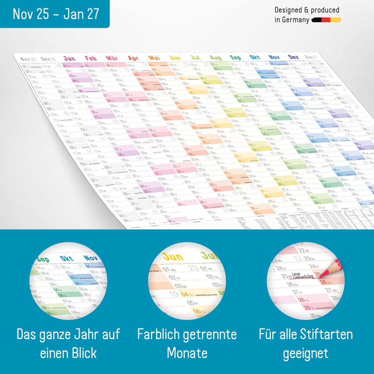 Wandkalender 2026 - A1+ / 89cm x 63cm gefalzt + Extra A4-Übersicht / Rainbow / Häfft-Verlag