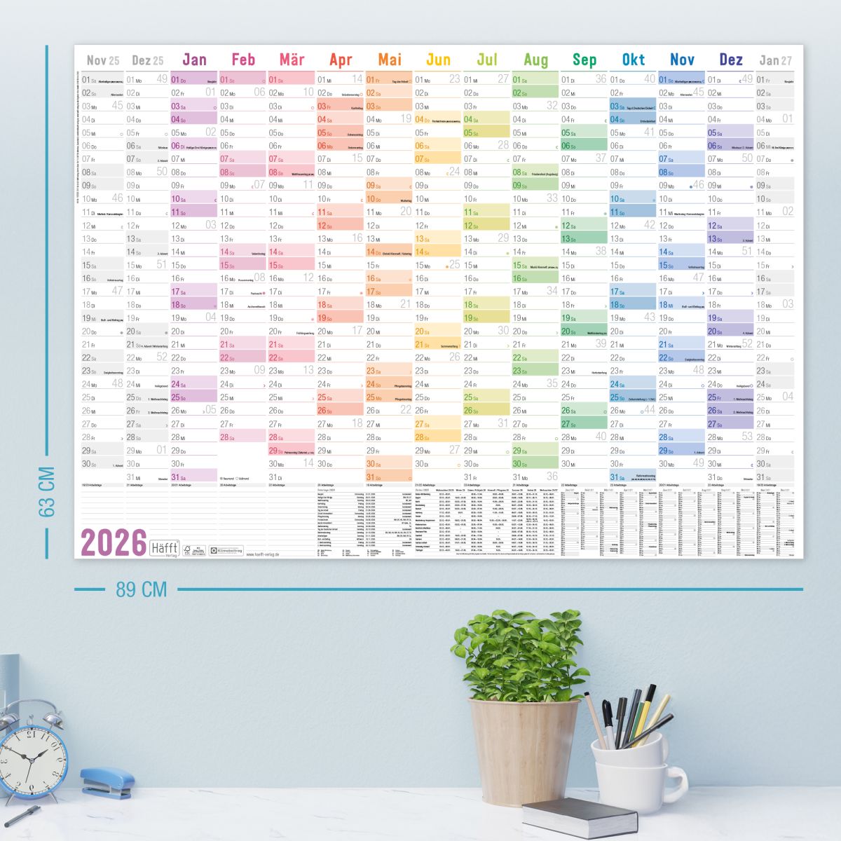Wandkalender 2026 - A1+ / 89cm x 63cm gefalzt + Extra A4-Übersicht / Rainbow / Häfft-Verlag