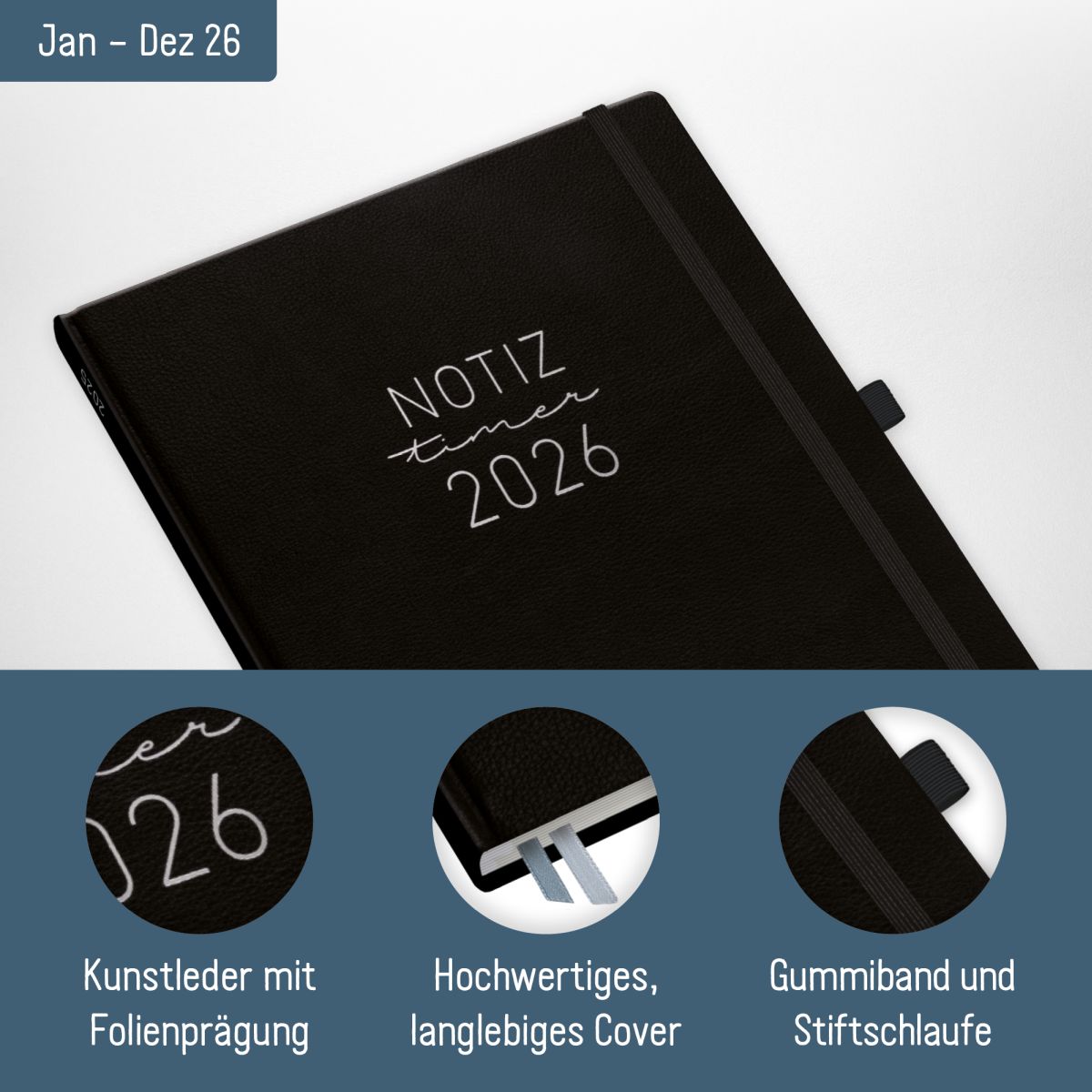 Wochen-Notiz-Timer Maxi 2026 / A4 / Schwarz / Häfft-Verlag