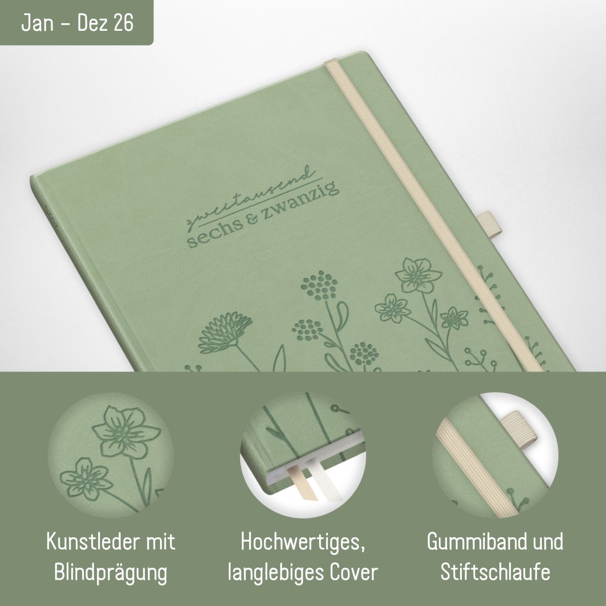 Wochen-Notiz-Timer Maxi 2026 / A4 / Fine Flowers Salbei / Häfft-Verlag