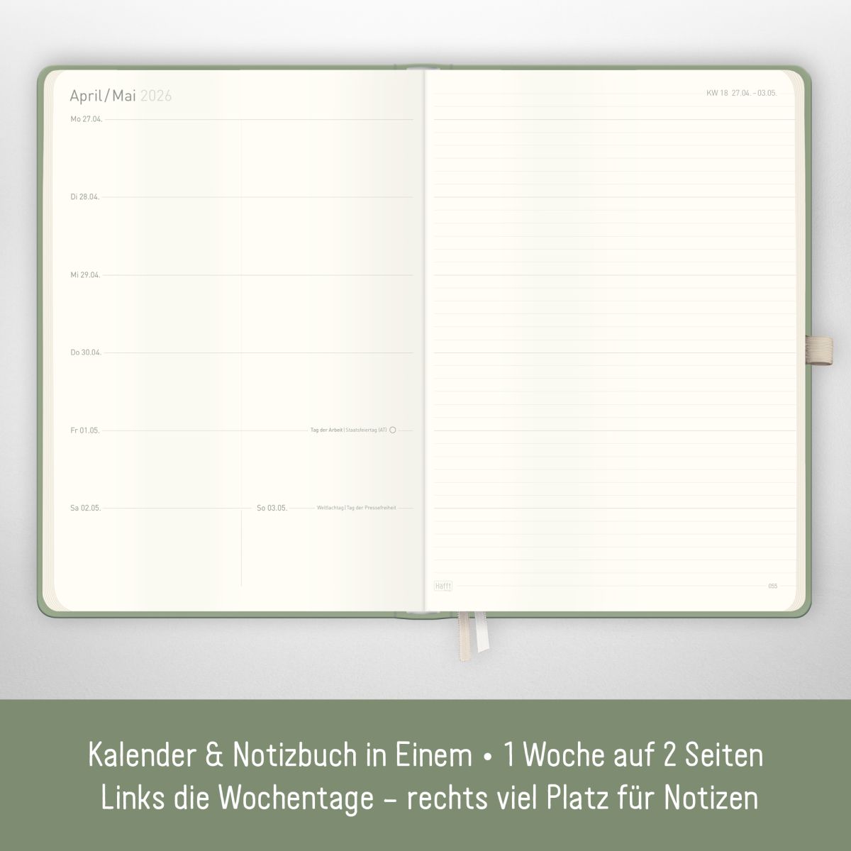 Wochen-Notiz-Timer Maxi 2026 / A4 / Fine Flowers Salbei / Häfft-Verlag