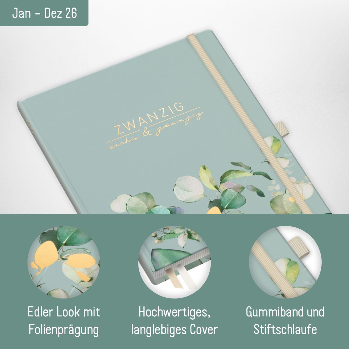Wochen-Notiz-Timer Maxi 2026 / A4 / Minty Leaves / Häfft-Verlag