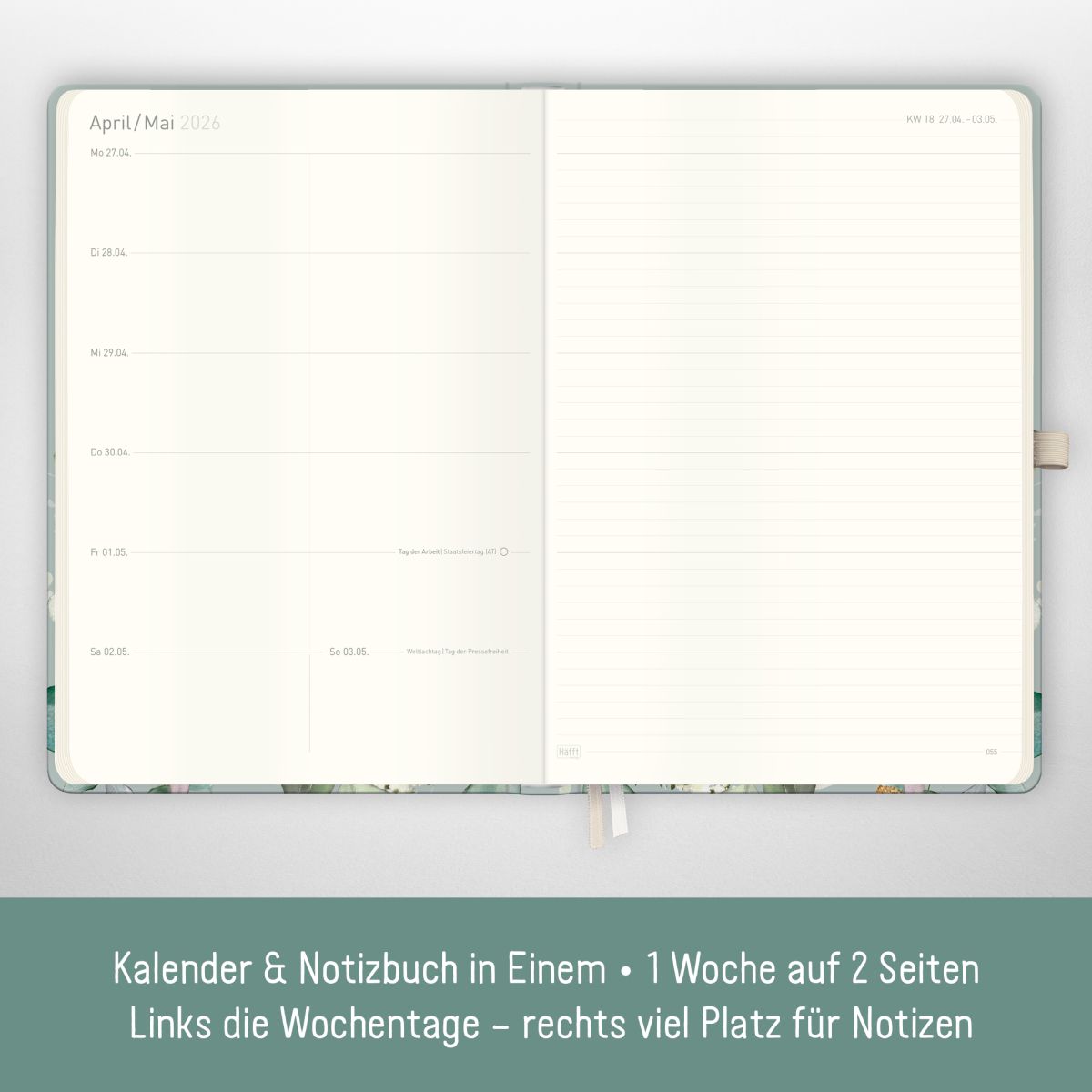 Wochen-Notiz-Timer Maxi 2026 / A4 / Minty Leaves / Häfft-Verlag