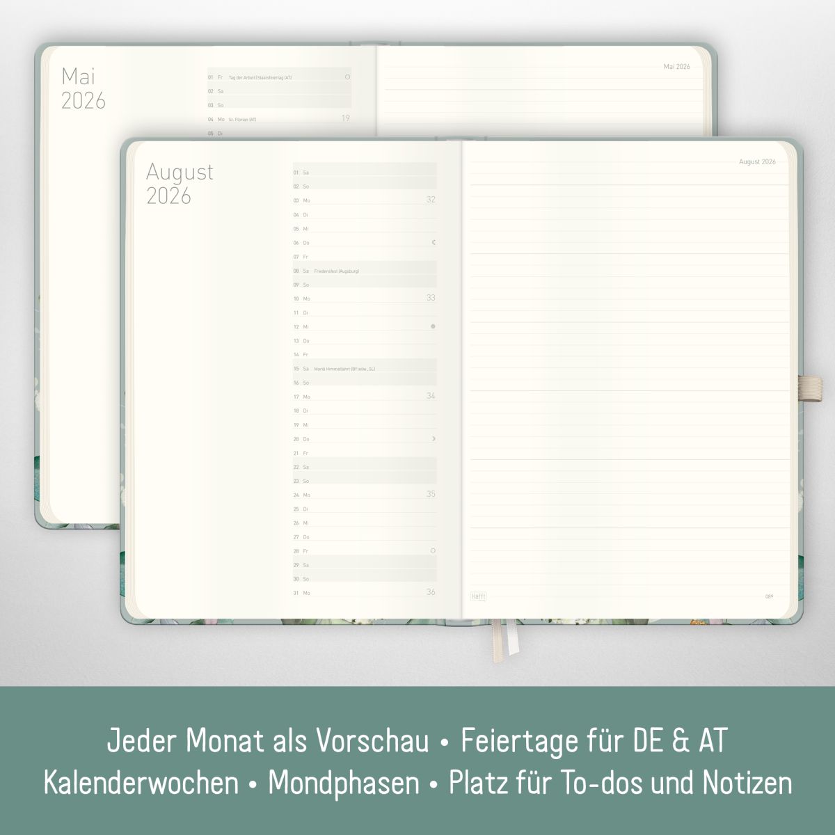 Wochen-Notiz-Timer Maxi 2026 / A4 / Minty Leaves / Häfft-Verlag