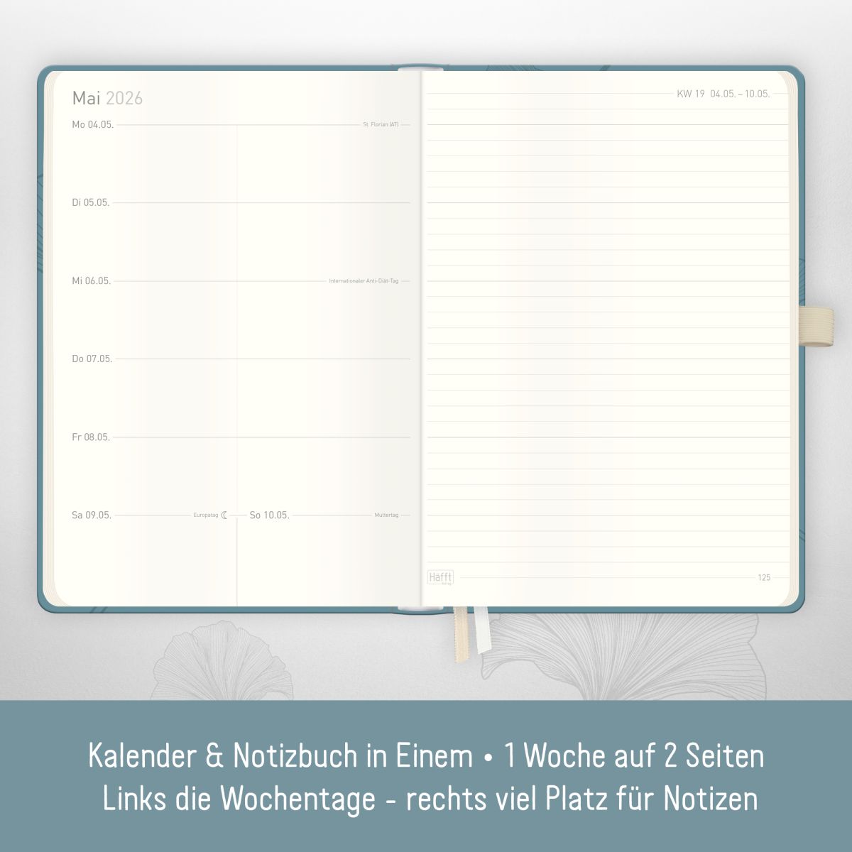 Wochen-Notiz-Timer Classic 2026 / A5 / Blue Ginkgo / Häfft-Verlag