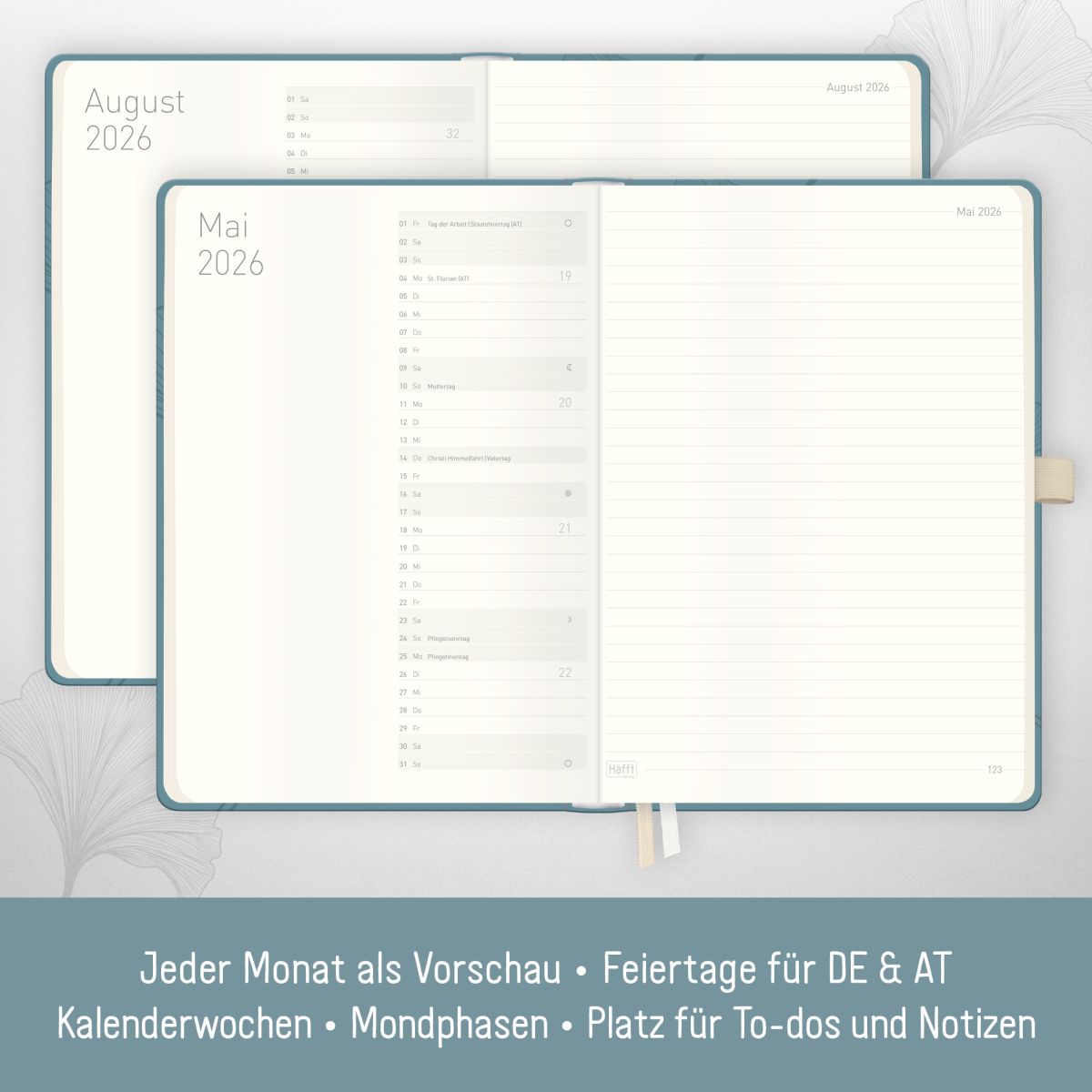 Wochen-Notiz-Timer Classic 2026 / A5 / Blue Ginkgo / Häfft-Verlag