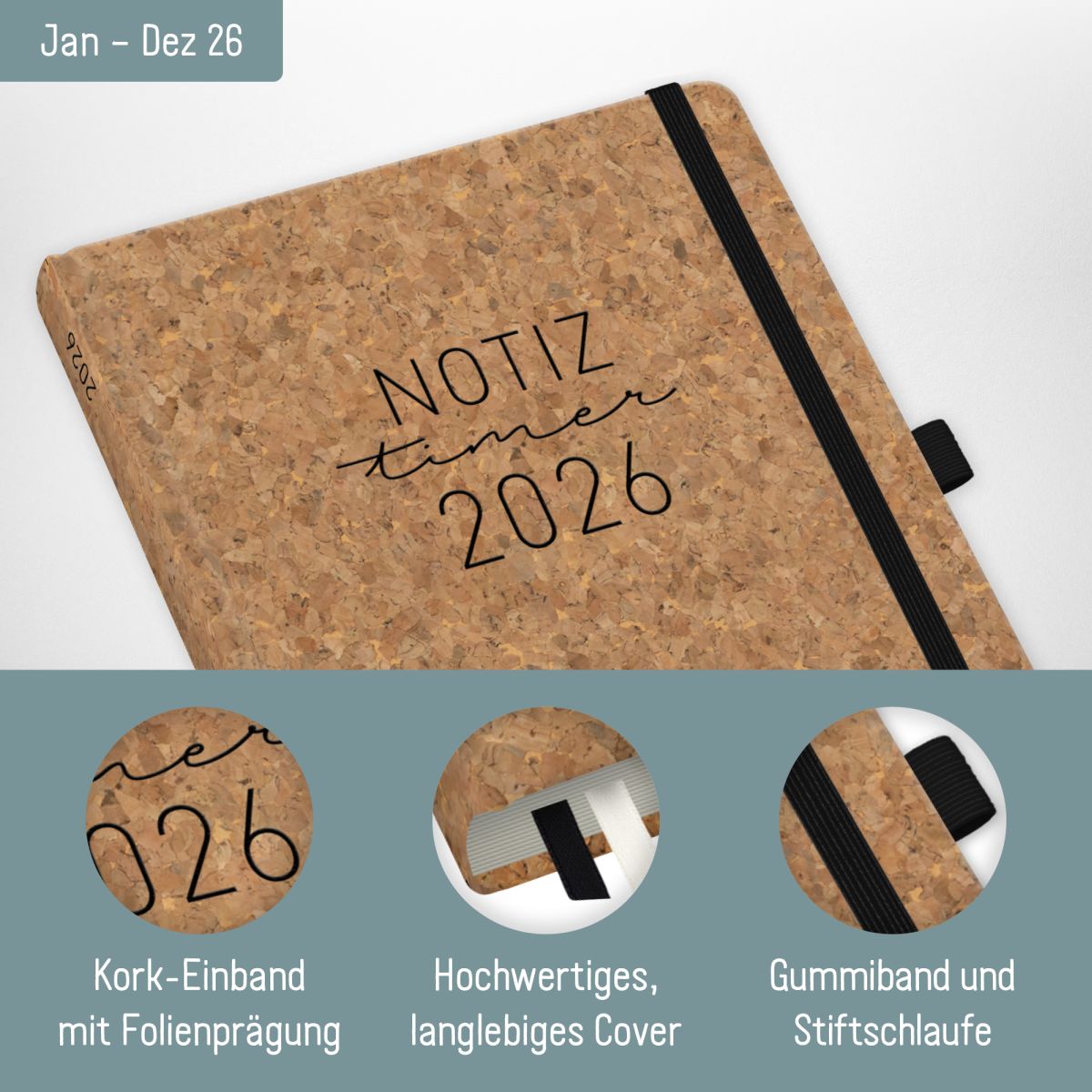 Wochen-Notiz-Timer Classic 2026 / A5 / Kork / Häfft-Verlag