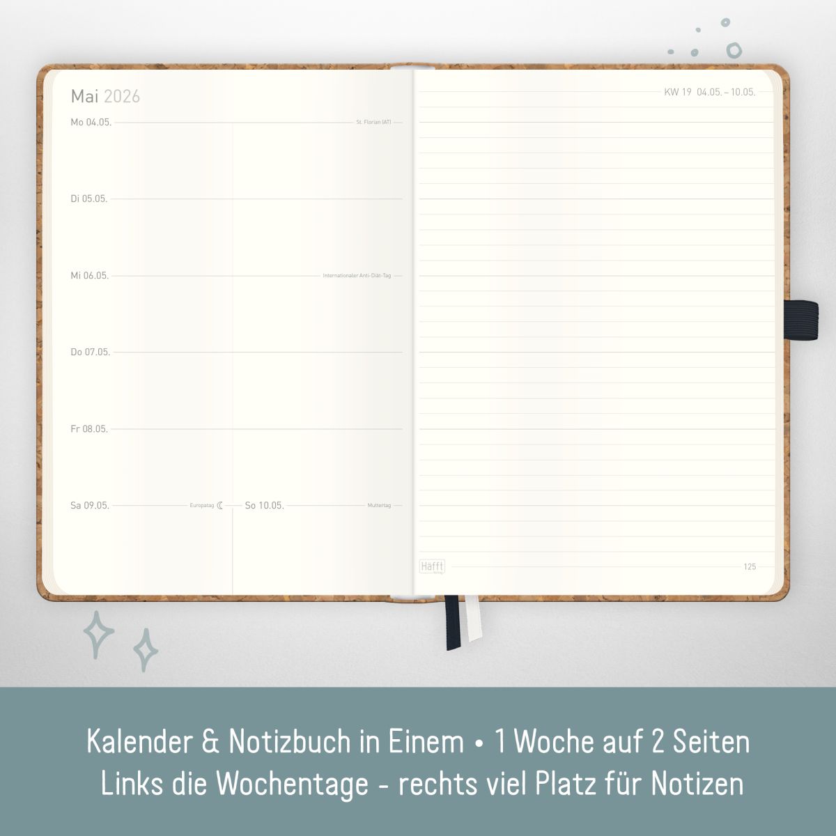 Wochen-Notiz-Timer Classic 2026 / A5 / Kork / Häfft-Verlag