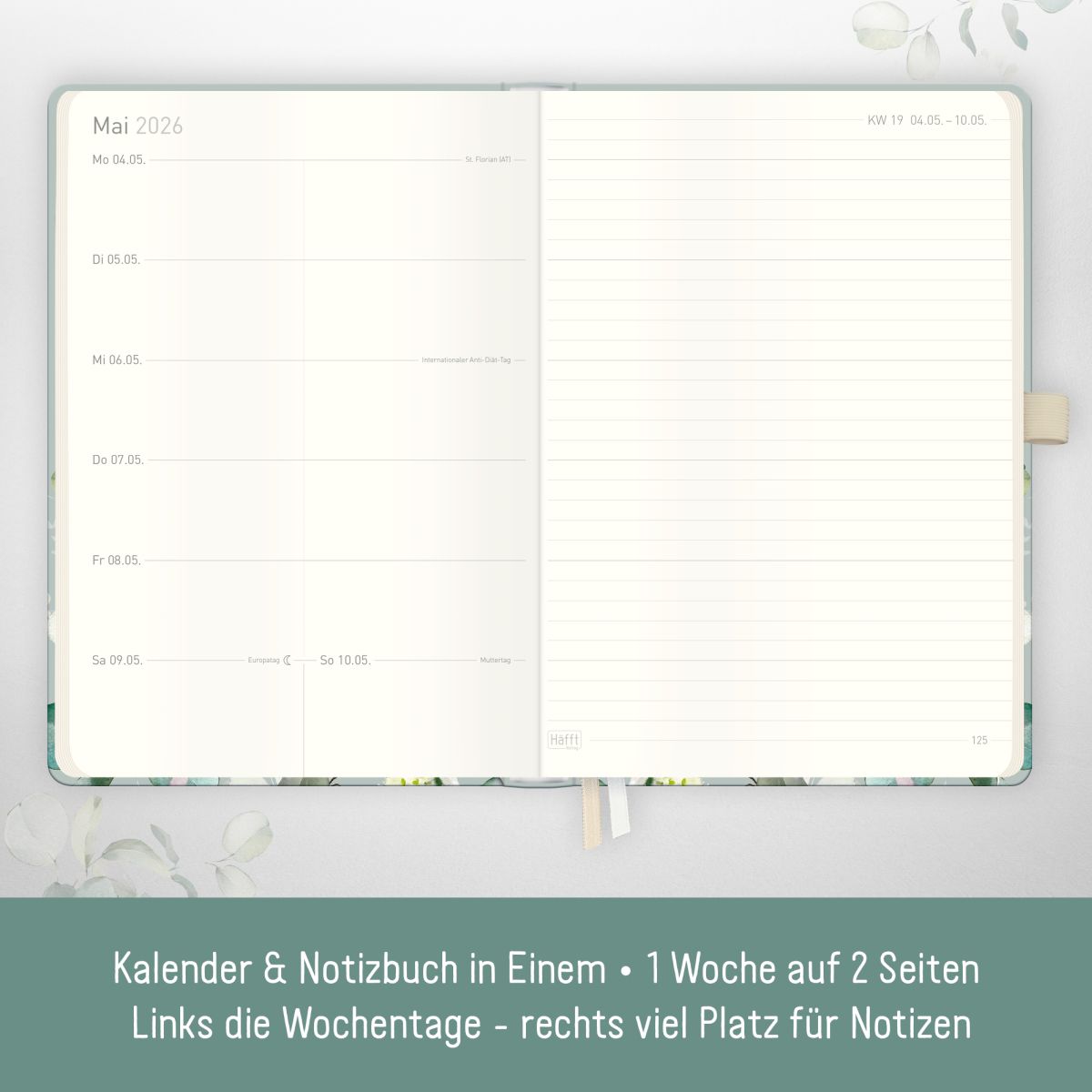 Wochen-Notiz-Timer Classic 2026 / A5 / Minty Leaves / Häfft-Verlag