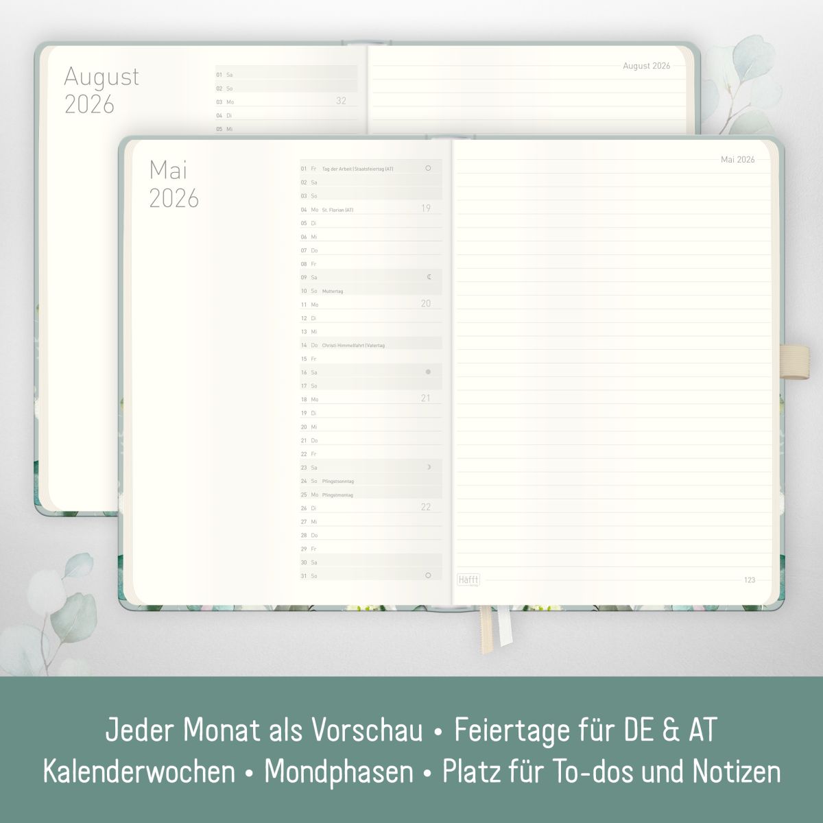 Wochen-Notiz-Timer Classic 2026 / A5 / Minty Leaves / Häfft-Verlag
