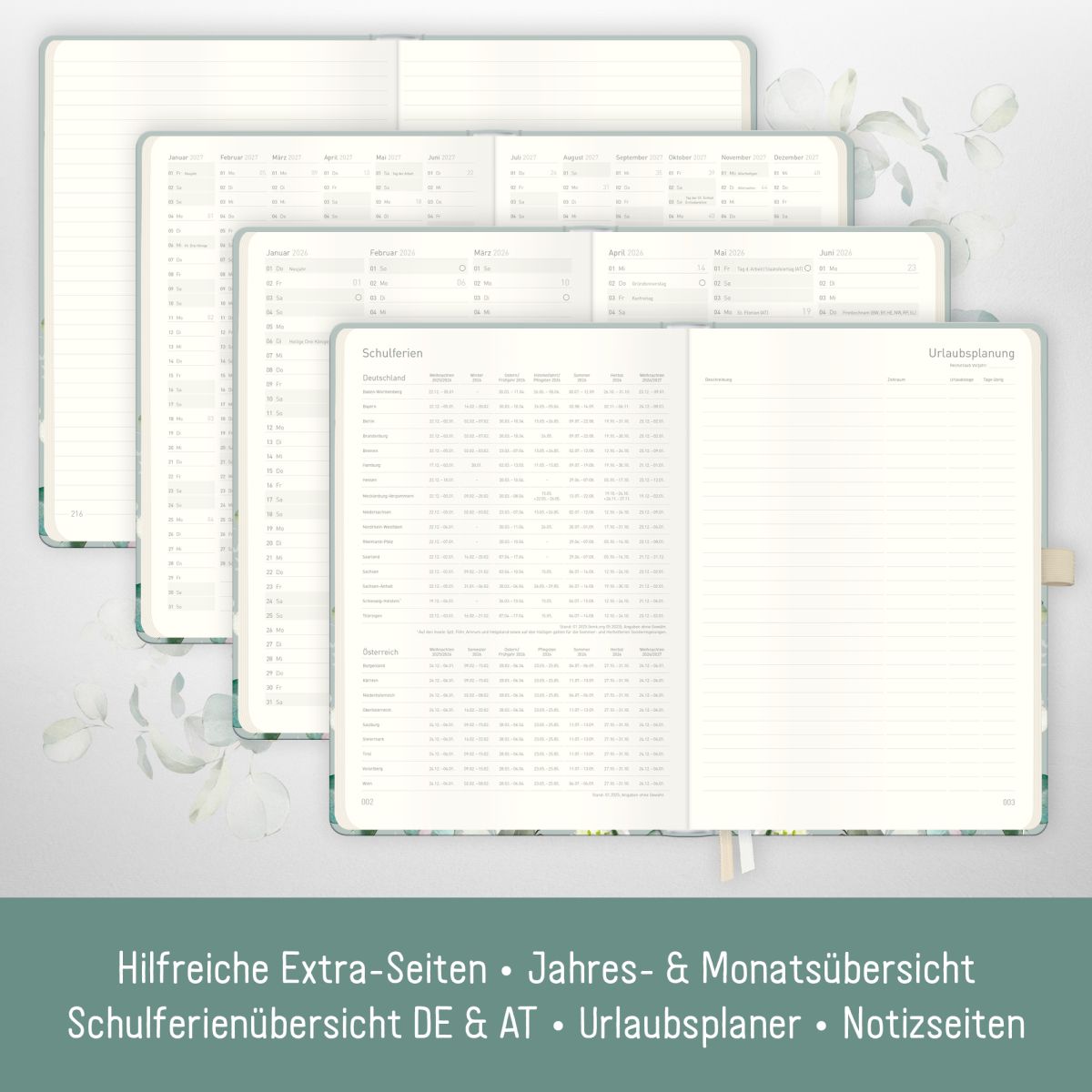 Wochen-Notiz-Timer Classic 2026 / A5 / Minty Leaves / Häfft-Verlag