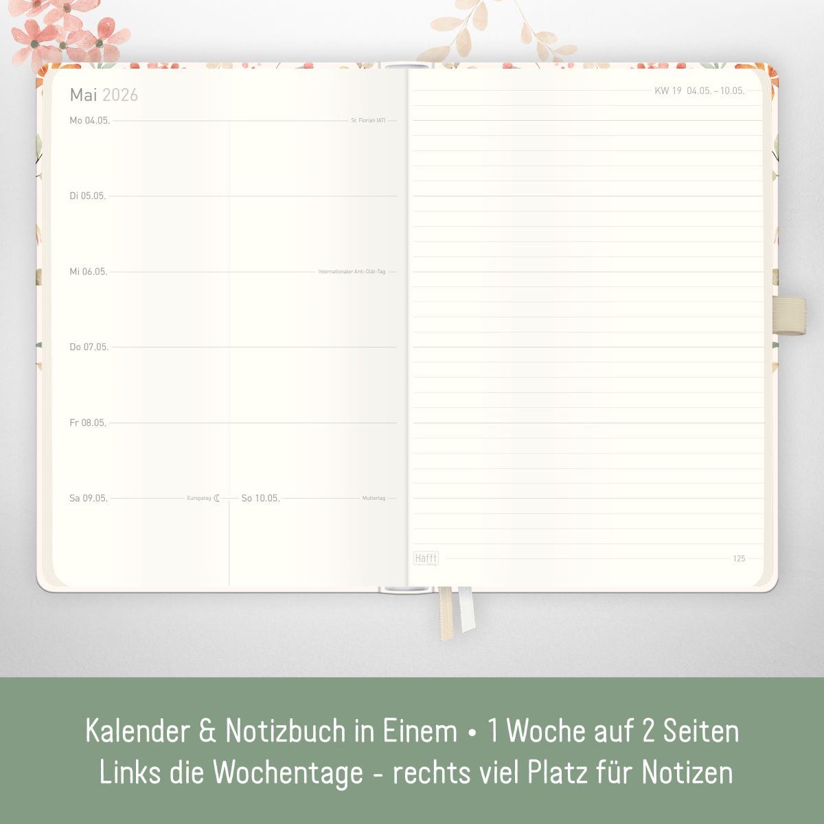 Wochen-Notiz-Timer Classic 2026 / A5 / Wild Blossoms / Häfft-Verlag