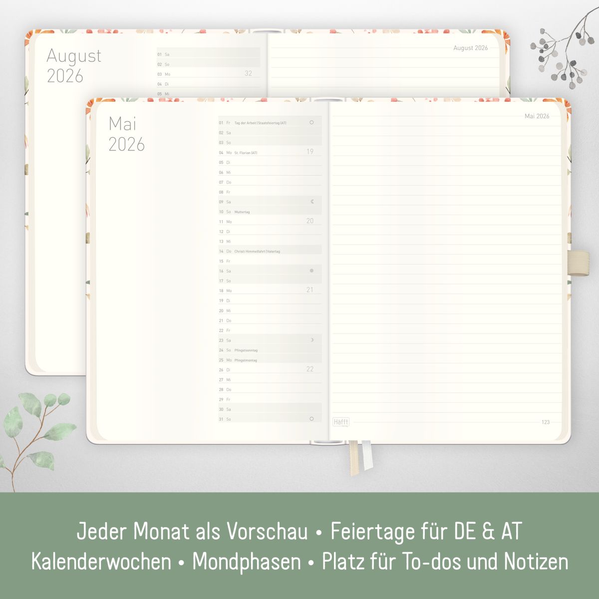 Wochen-Notiz-Timer Classic 2026 / A5 / Wild Blossoms / Häfft-Verlag