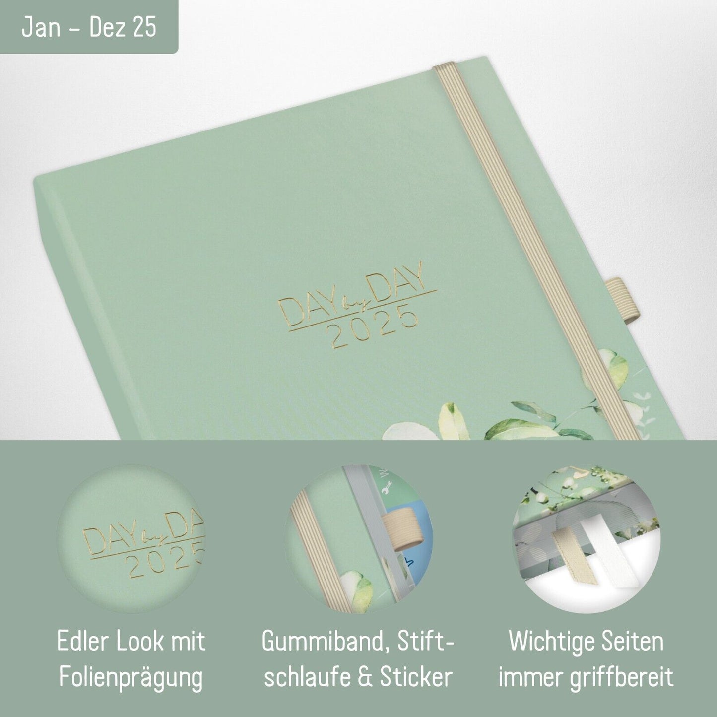 Organizer Day by Day Deluxe 2025 / 12 Monate / Minty Leaves / Häfft-Verlag