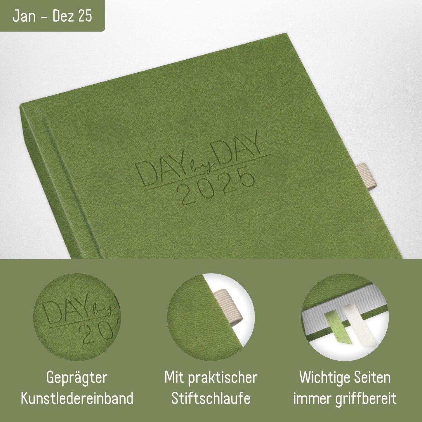 Organizer Day by Day 2025 / 12 Monate / Grün / Häfft-Verlag