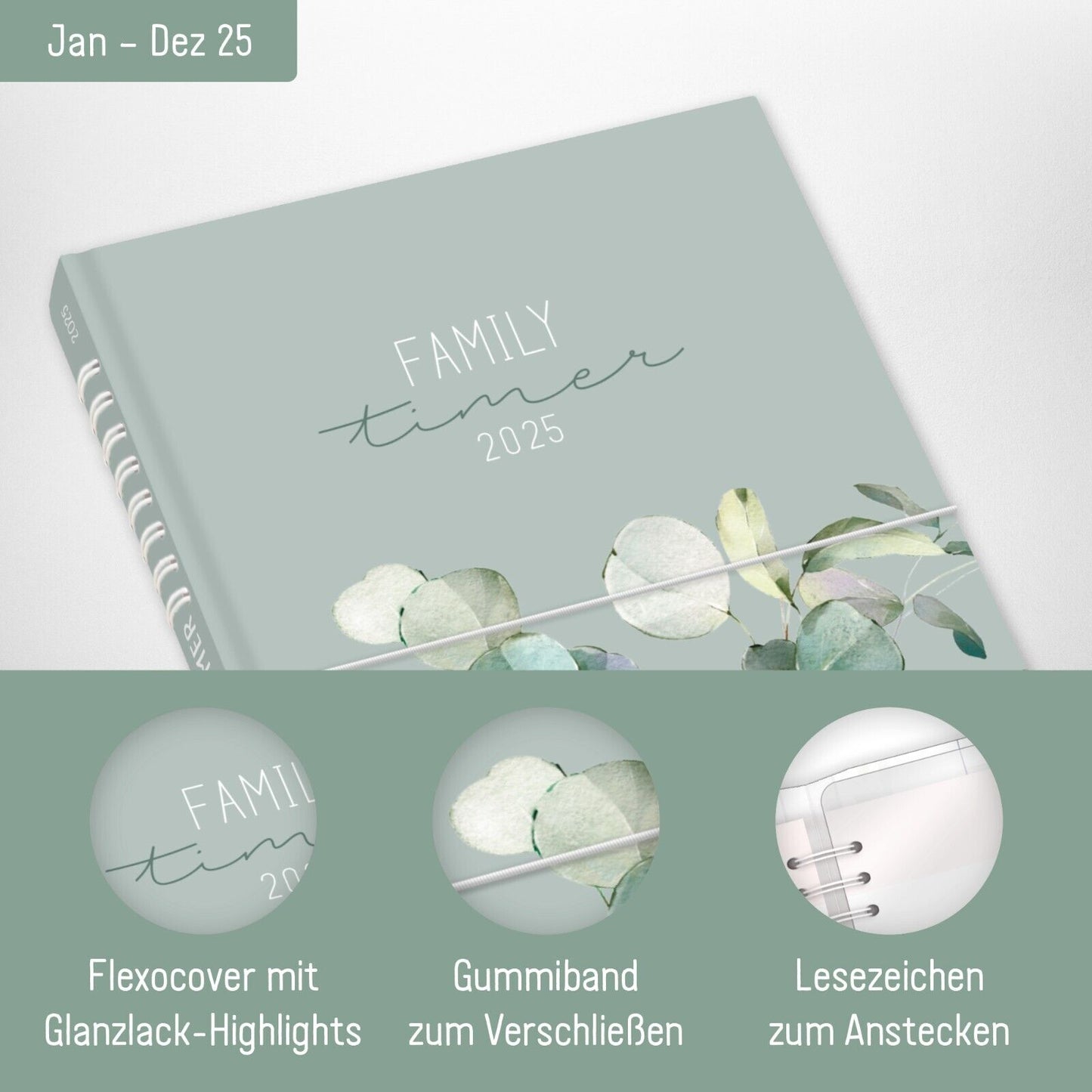 Family-Timer 2025 / 12 Monate / Minty Leaves / Häfft-Verlag