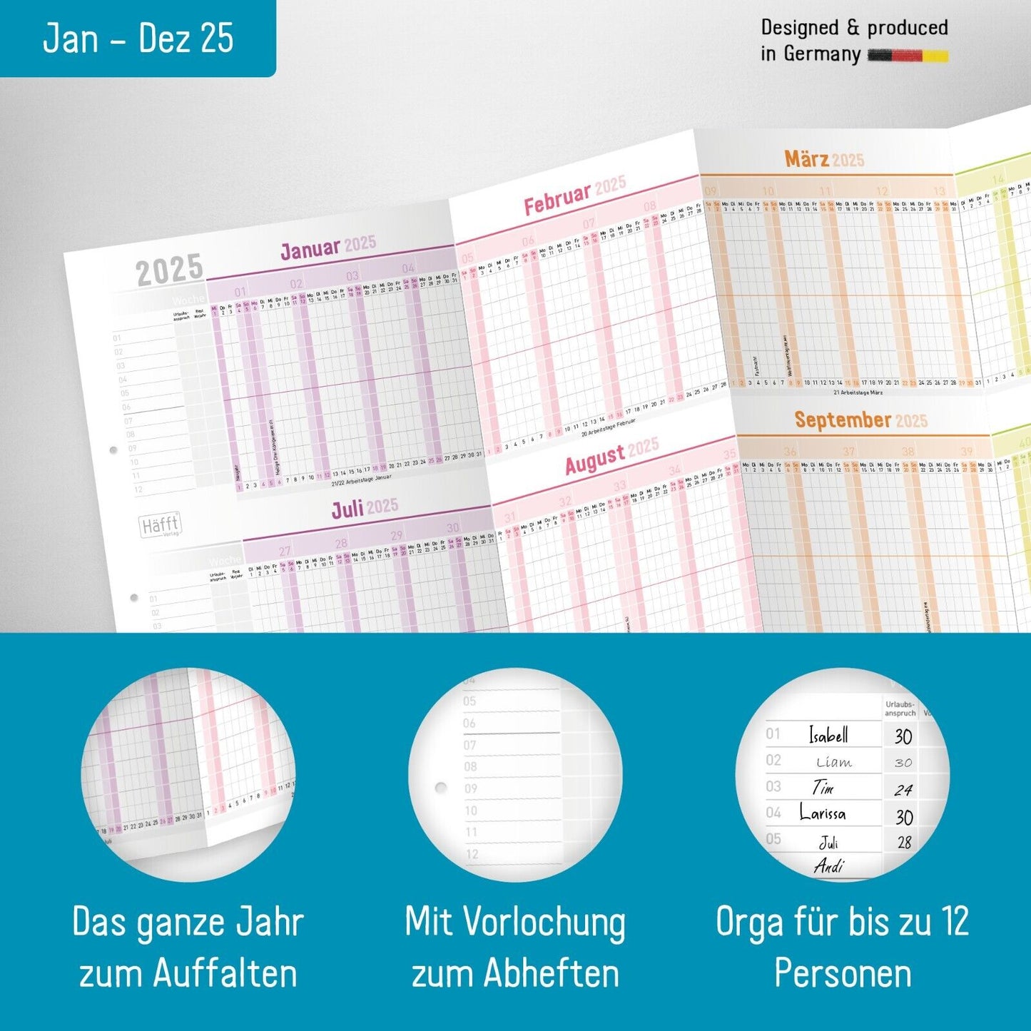 Urlaubs- / Team-Kalender 2025 / A4 Leporello / Rainbow / Häfft-Verlaga