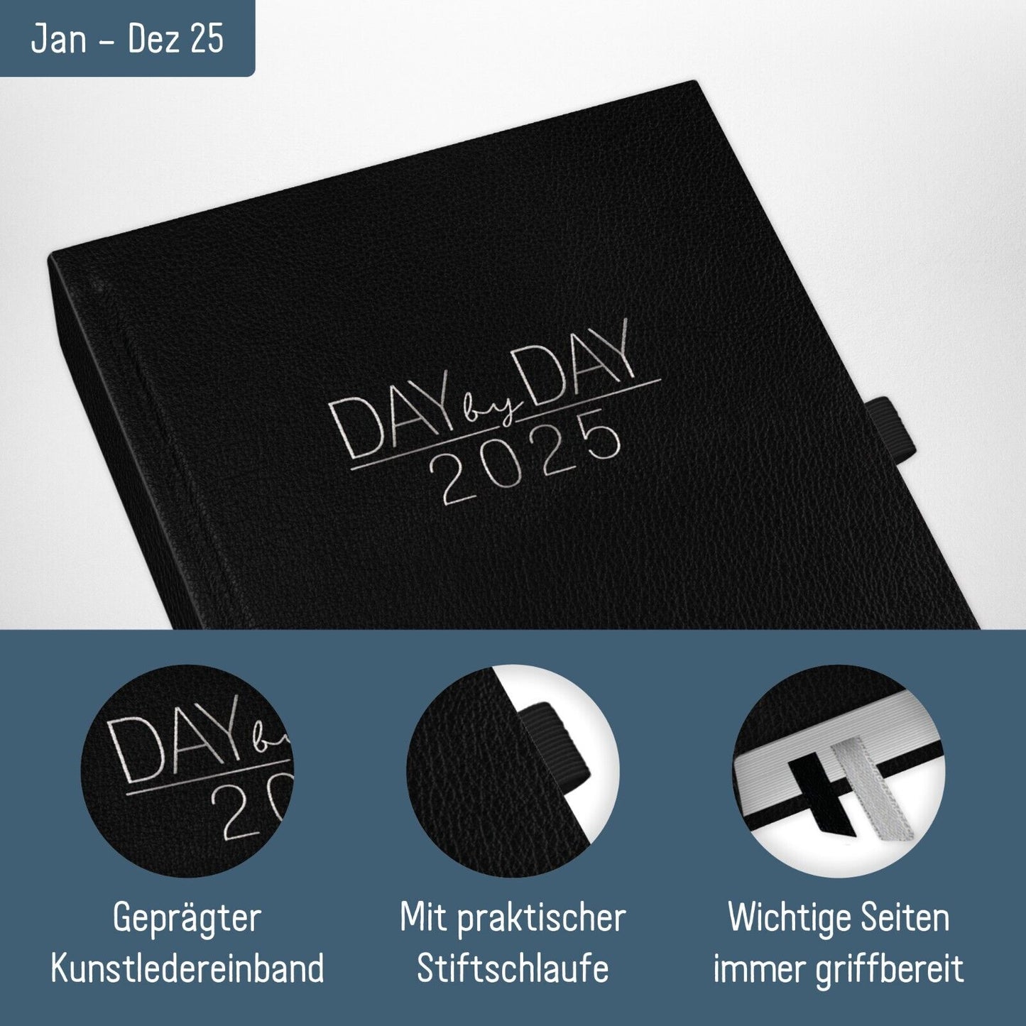 Organizer Day by Day 2025 / 12 Monate / Schwarz / Häfft-Verlag